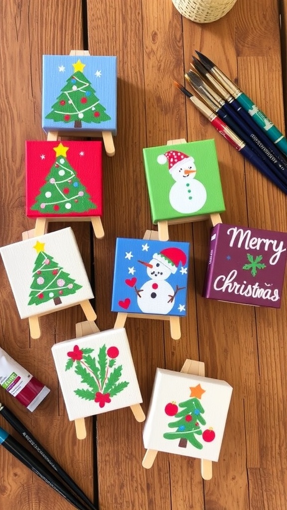 Easy Mini Canvas Christmas Paintings Mini canvas paintings of Christmas themes like trees and snowmen on a wooden table.